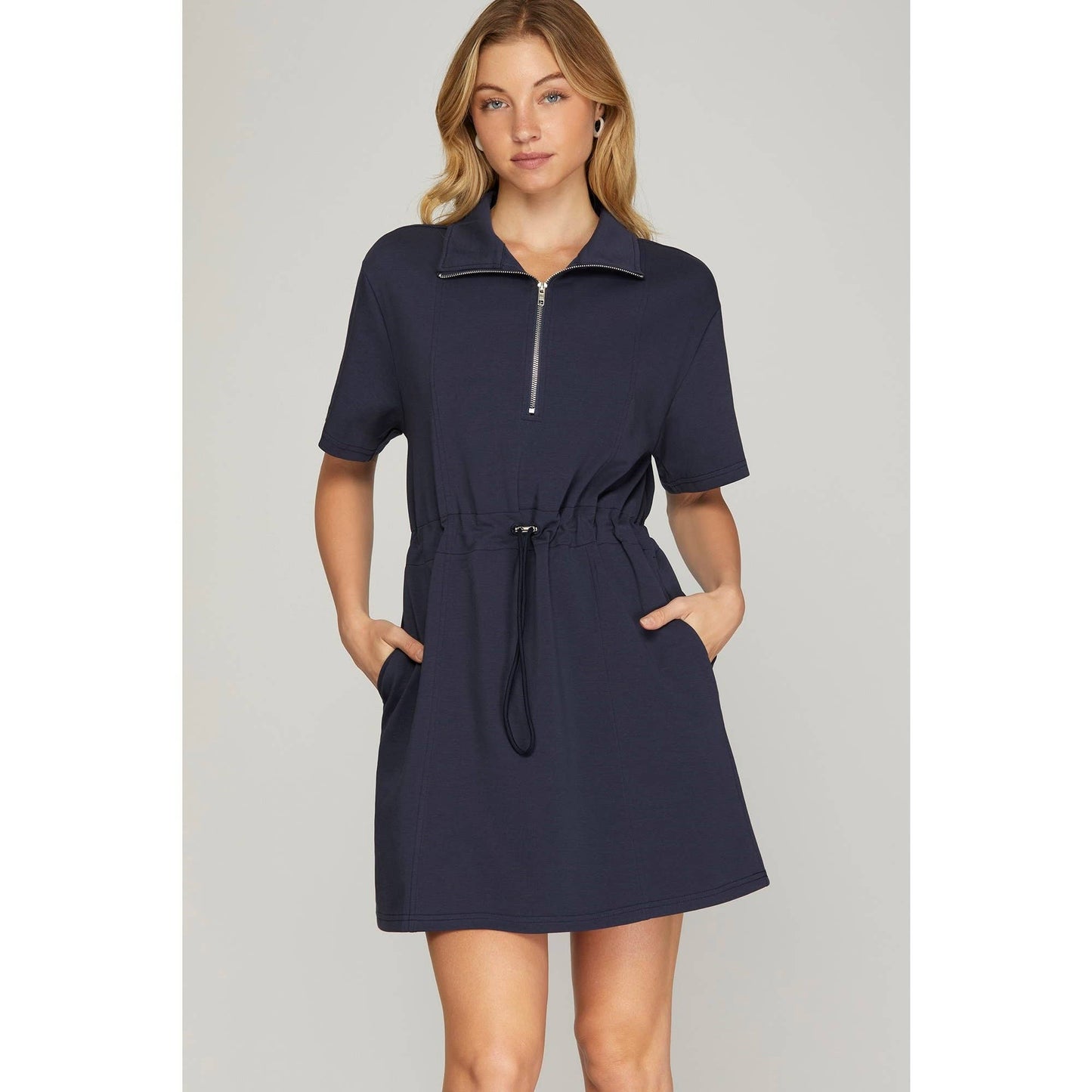 DRAWSTRING WAIST SCUBA KNIT DRESS