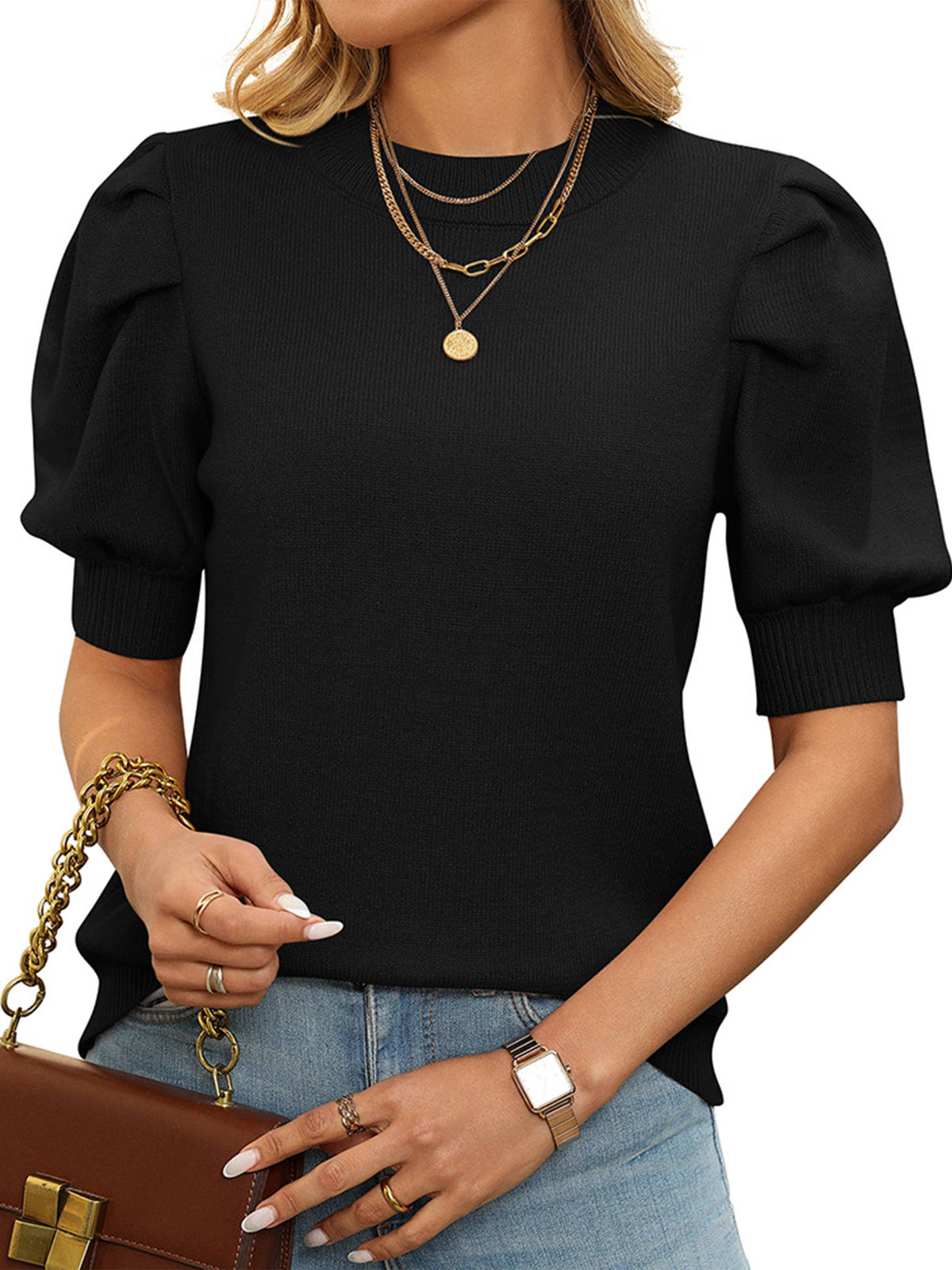 Solid Color Short Sleeved Round Neck Bubble Sleeve Top